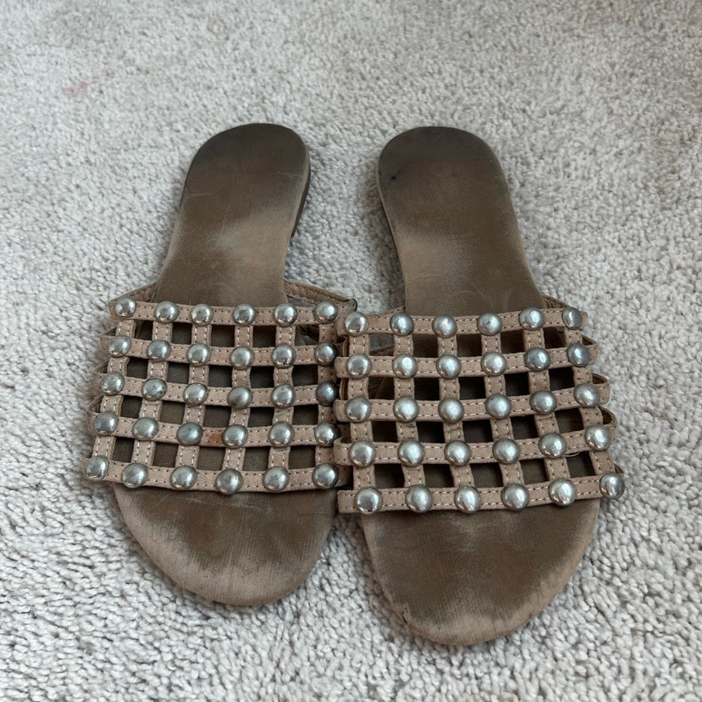 Studded Tan Slide Sandals
